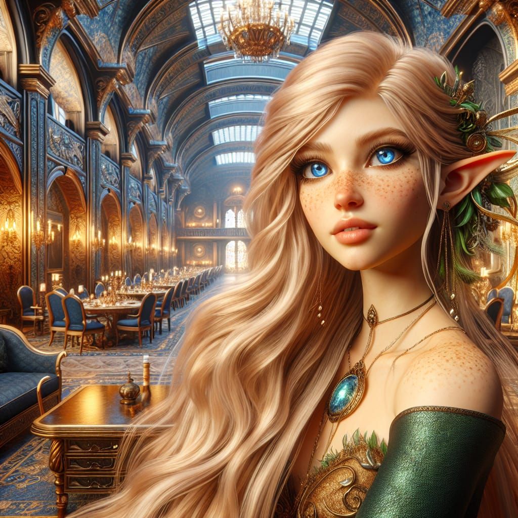 Elf Fairy Enters Grand Hotel: 8K Fantasy Art