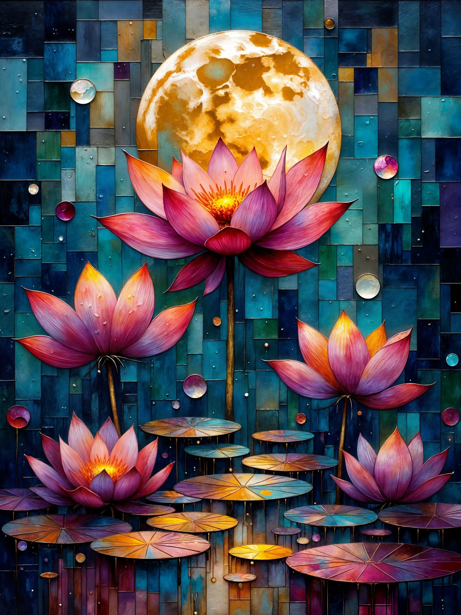 Enchanted Moonlit Lotus Blooms in Dreamy Surrealism