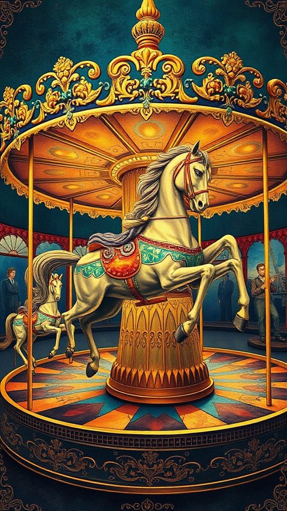 Around and Around Carousel Horse Moebius contrasting colors deep color art Nouveau poster art impressionism brocade fili...