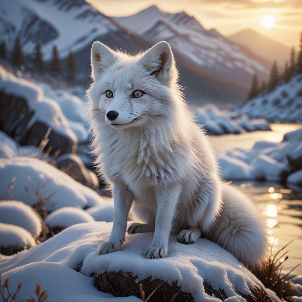 Iridescent White Arctic Fox on Snow Mound