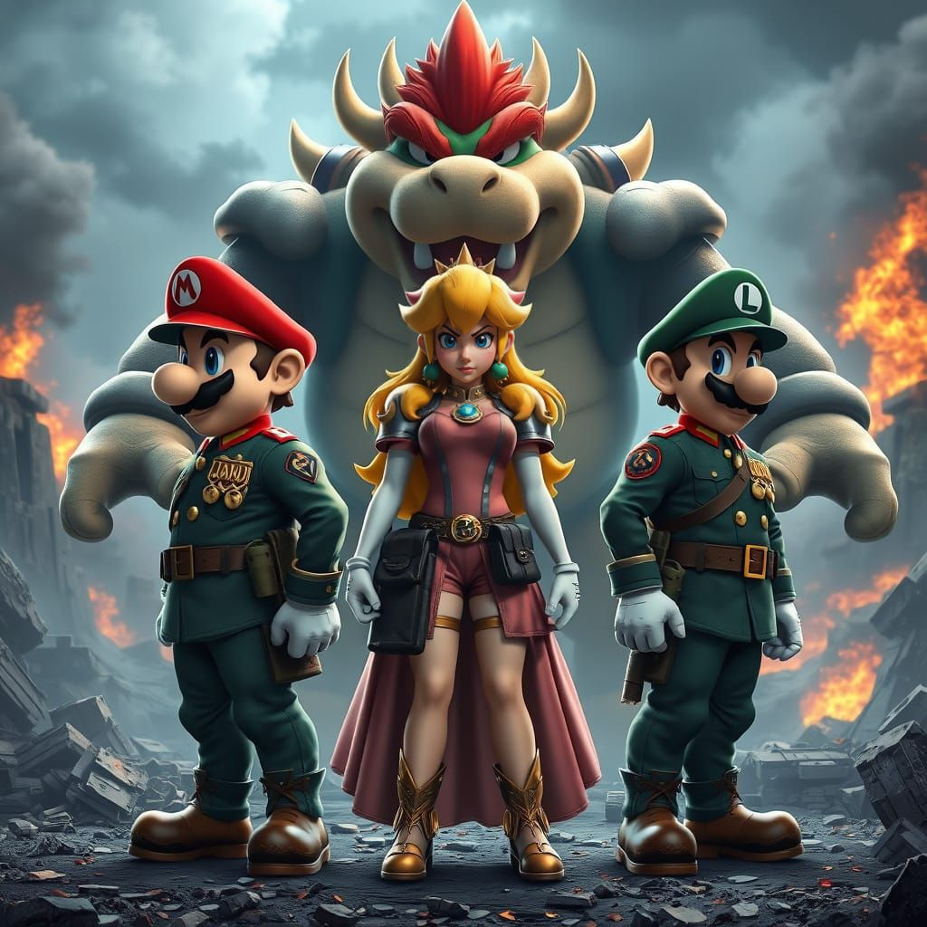 Mario Brothers Battle Bowser in Epic Military Art