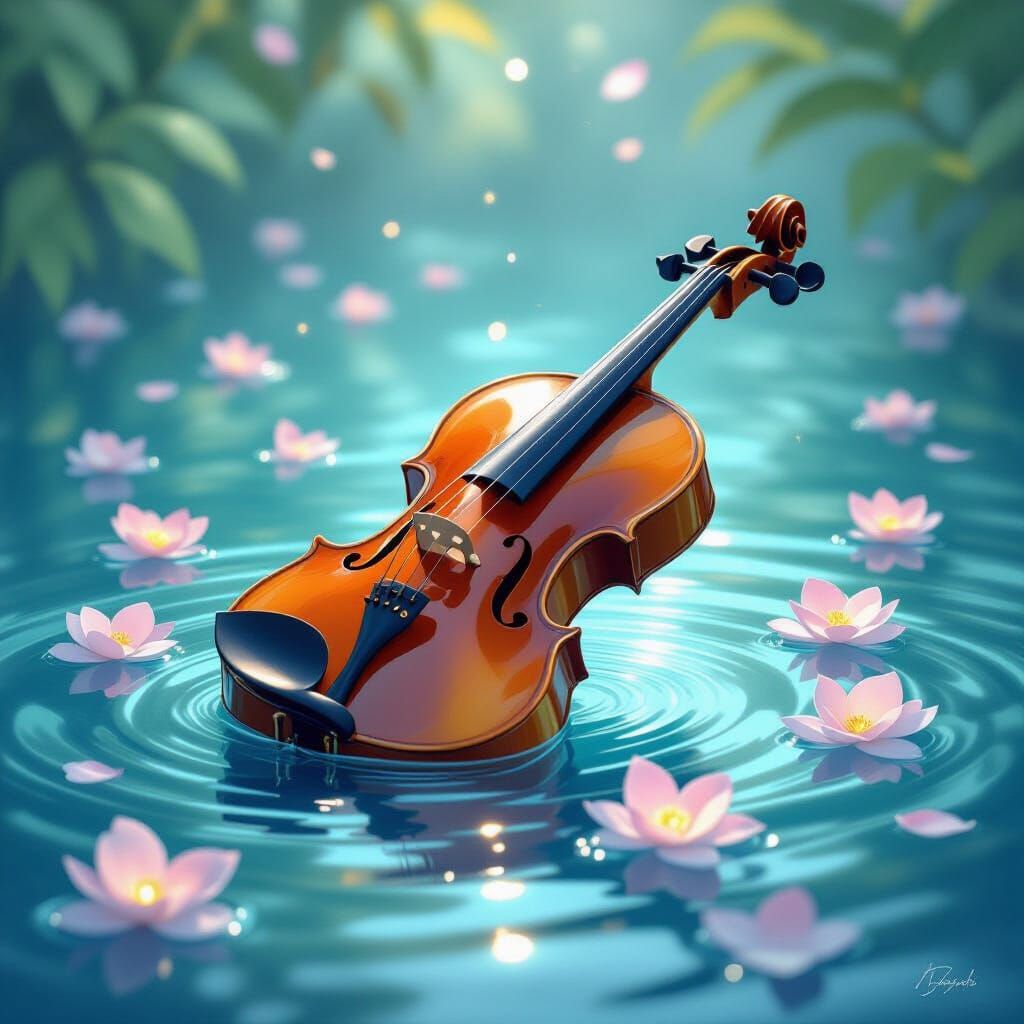 Violin on Shimmering Water with Luminous Petals