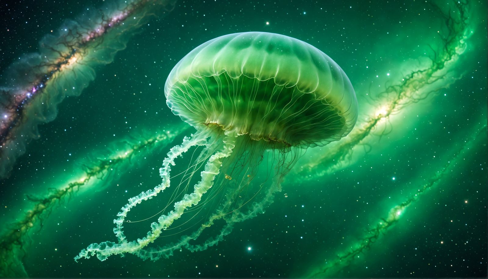 Green Jellyfish Drifting in Spiral Galaxy: Polaroid Style