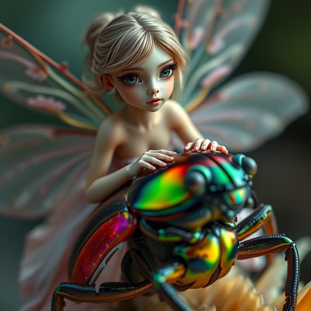 Fairy Rides Iridescent Beetle: Hyper-Realistic Fantasy Scene