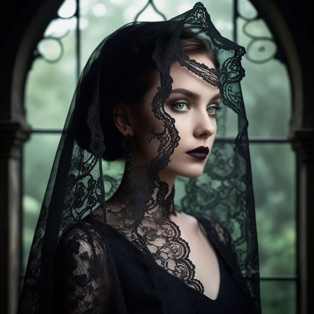 Gothic Portrait of Woman in Black Lace Veil