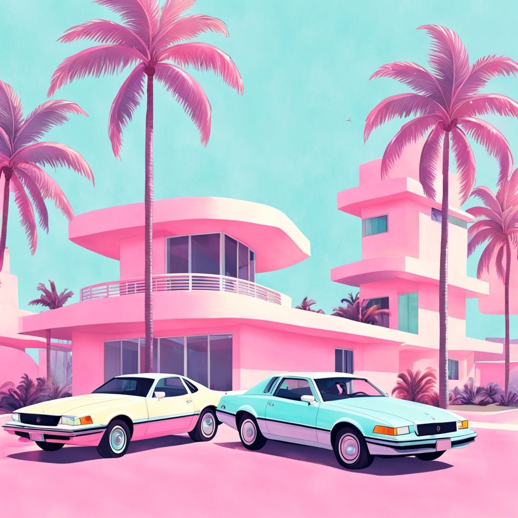 Vibrant Miami Vice Cityscape in Pastel Hues