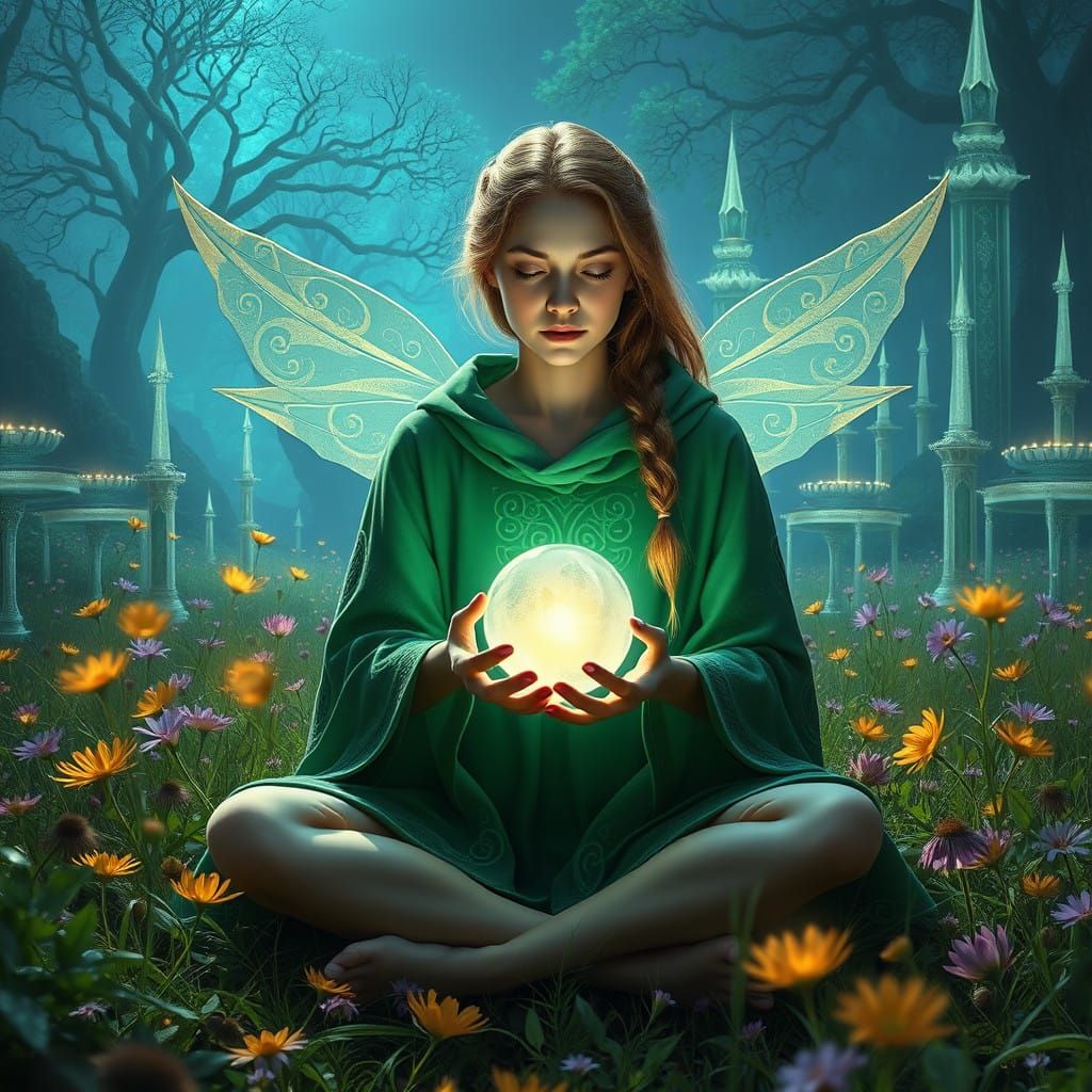 Mystical Goddess in Emerald Cloak Amidst Fantastical Landsca...