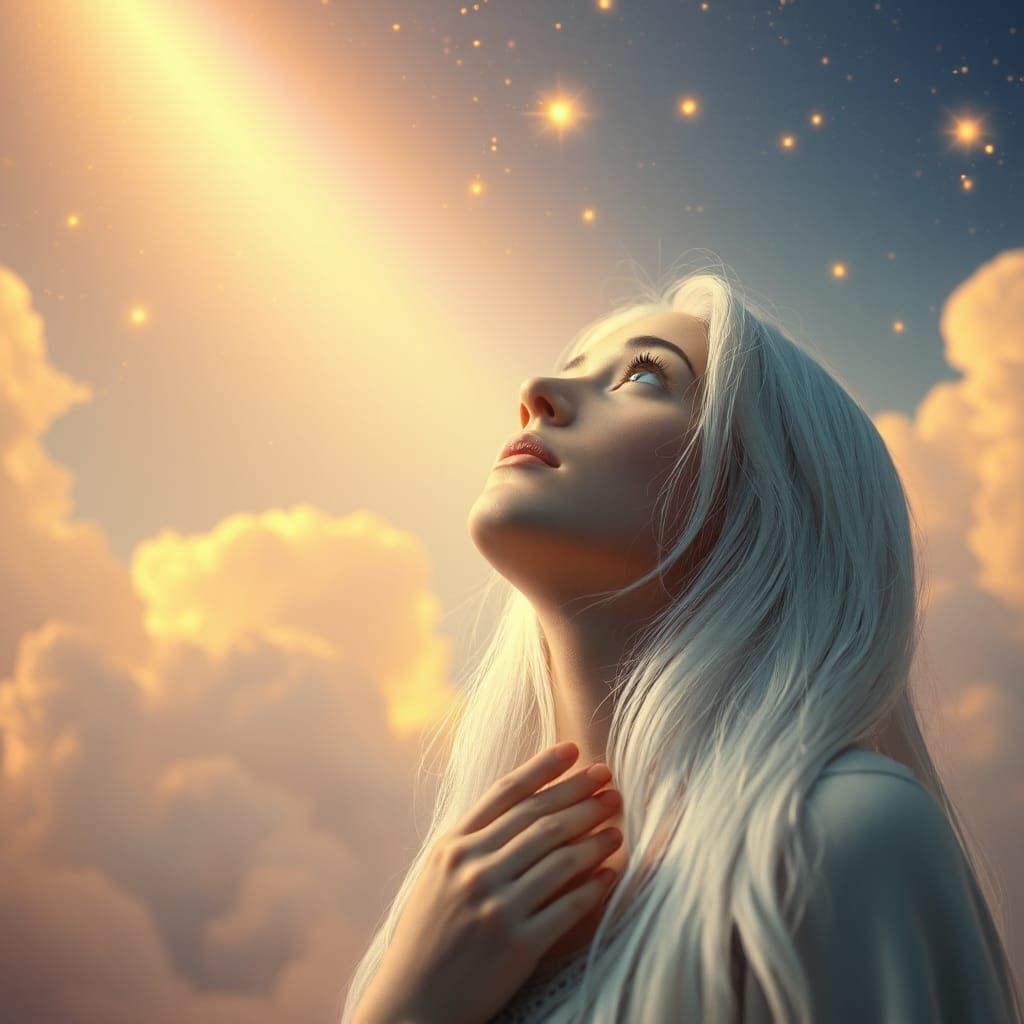 Ethereal Woman Praying in Dreamy Celestial Landscape