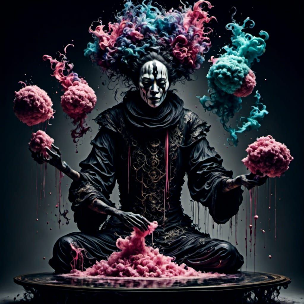 Clown Creates Cotton Candy in Water-Ink Silhouette