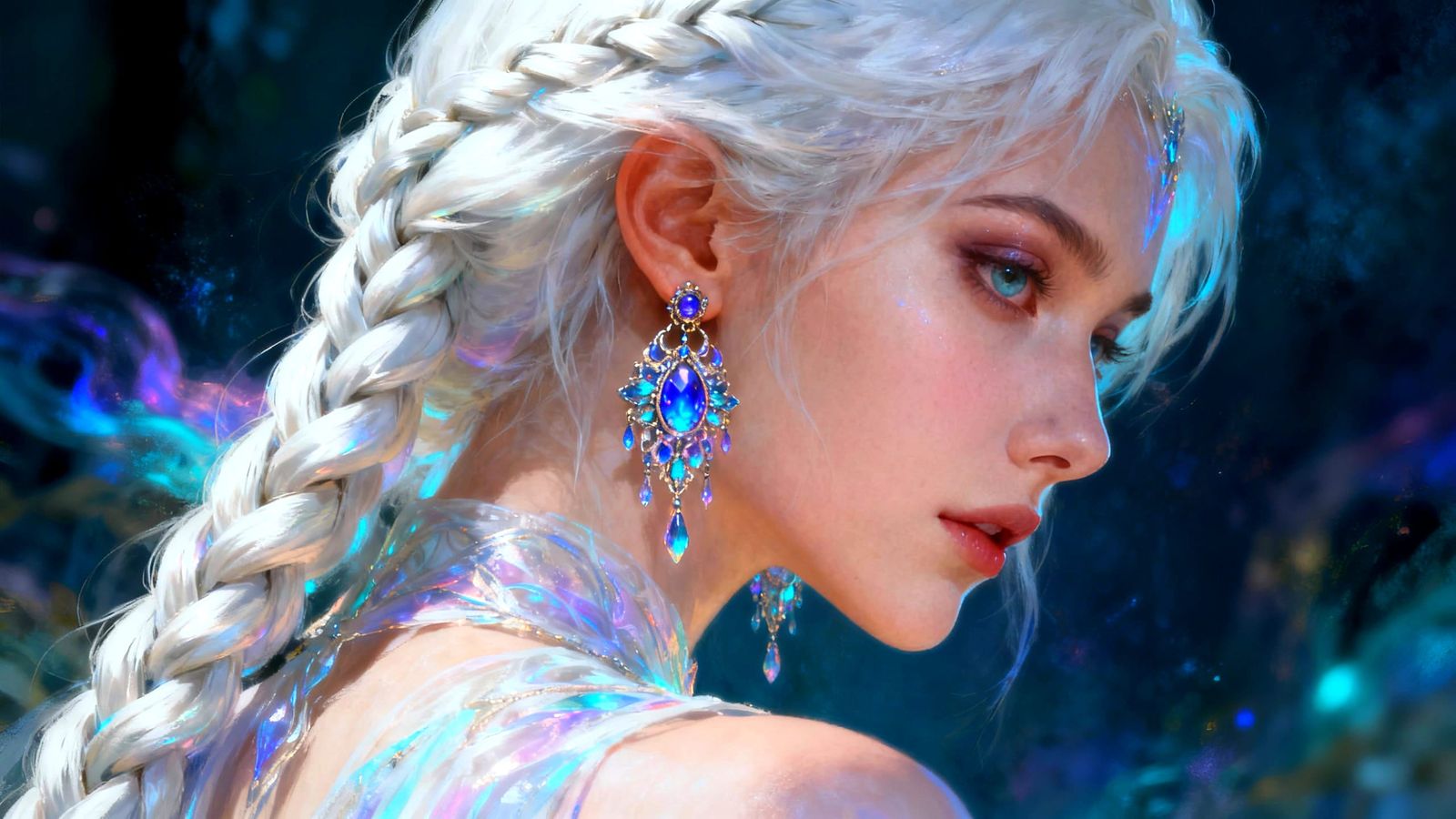 Ethereal Woman with White Hair and Jeweled Earrings