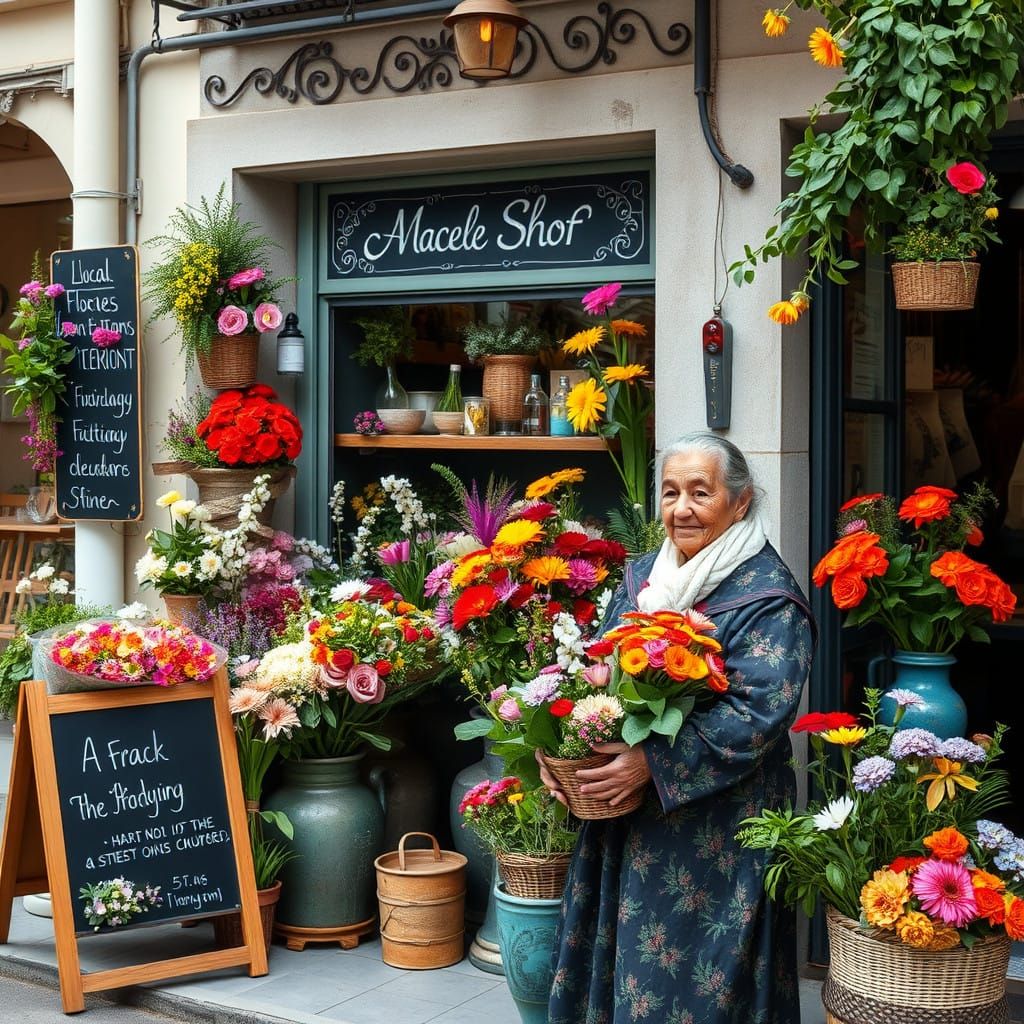 Old Woman Surrounded by Vibrant Floral Delights in Greek Fol...