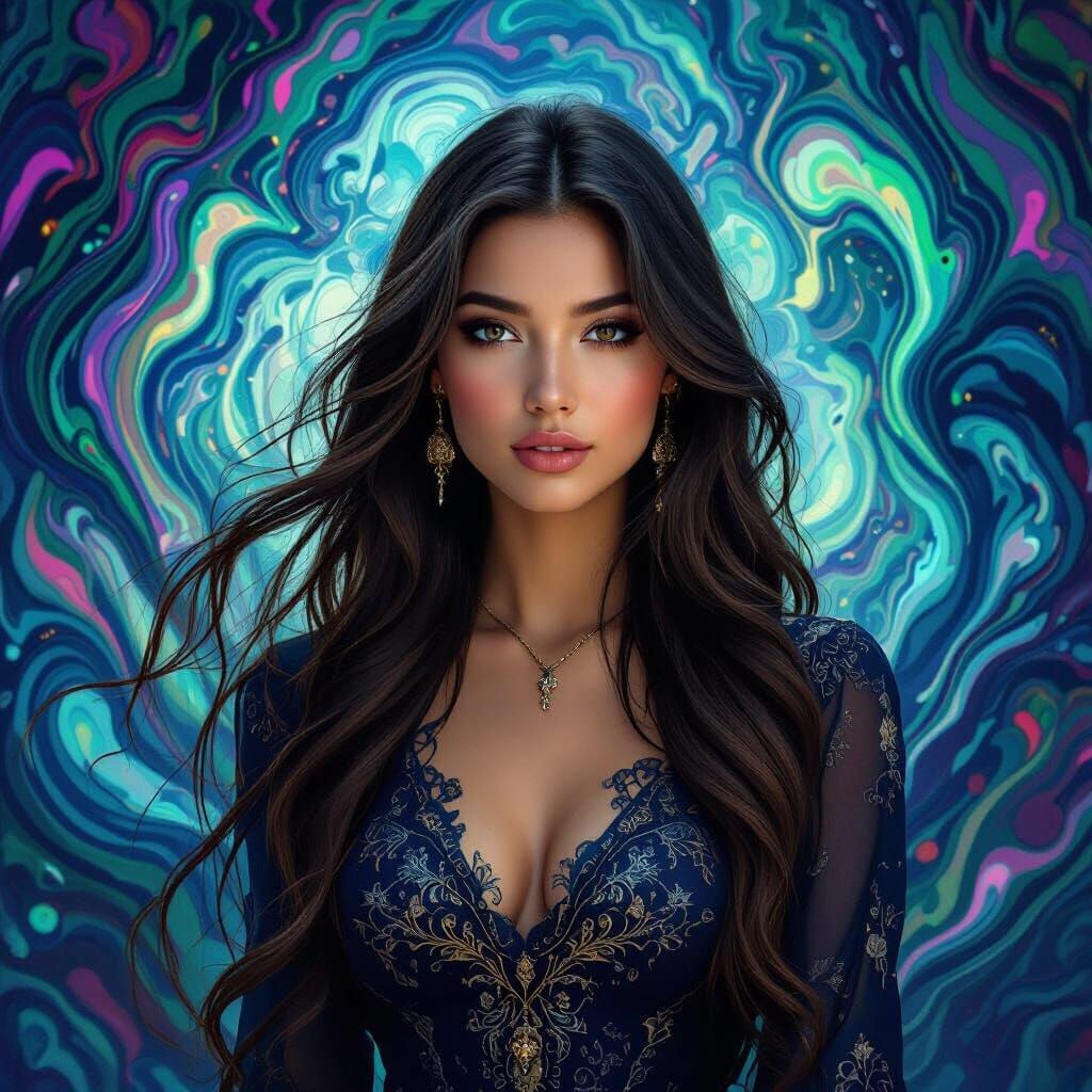 Young Woman in Swirling Abstract Background