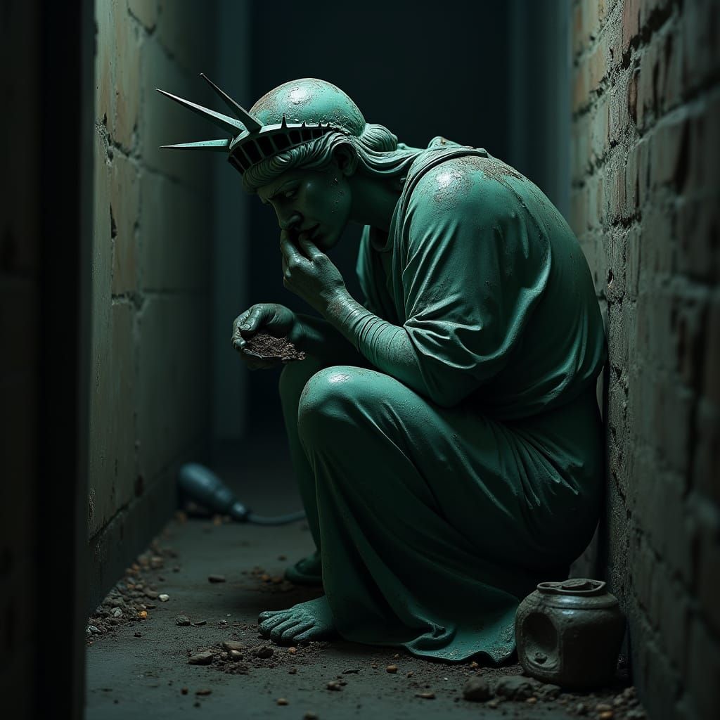 Beaten Statue of Liberty Speaks in Hushed Tones