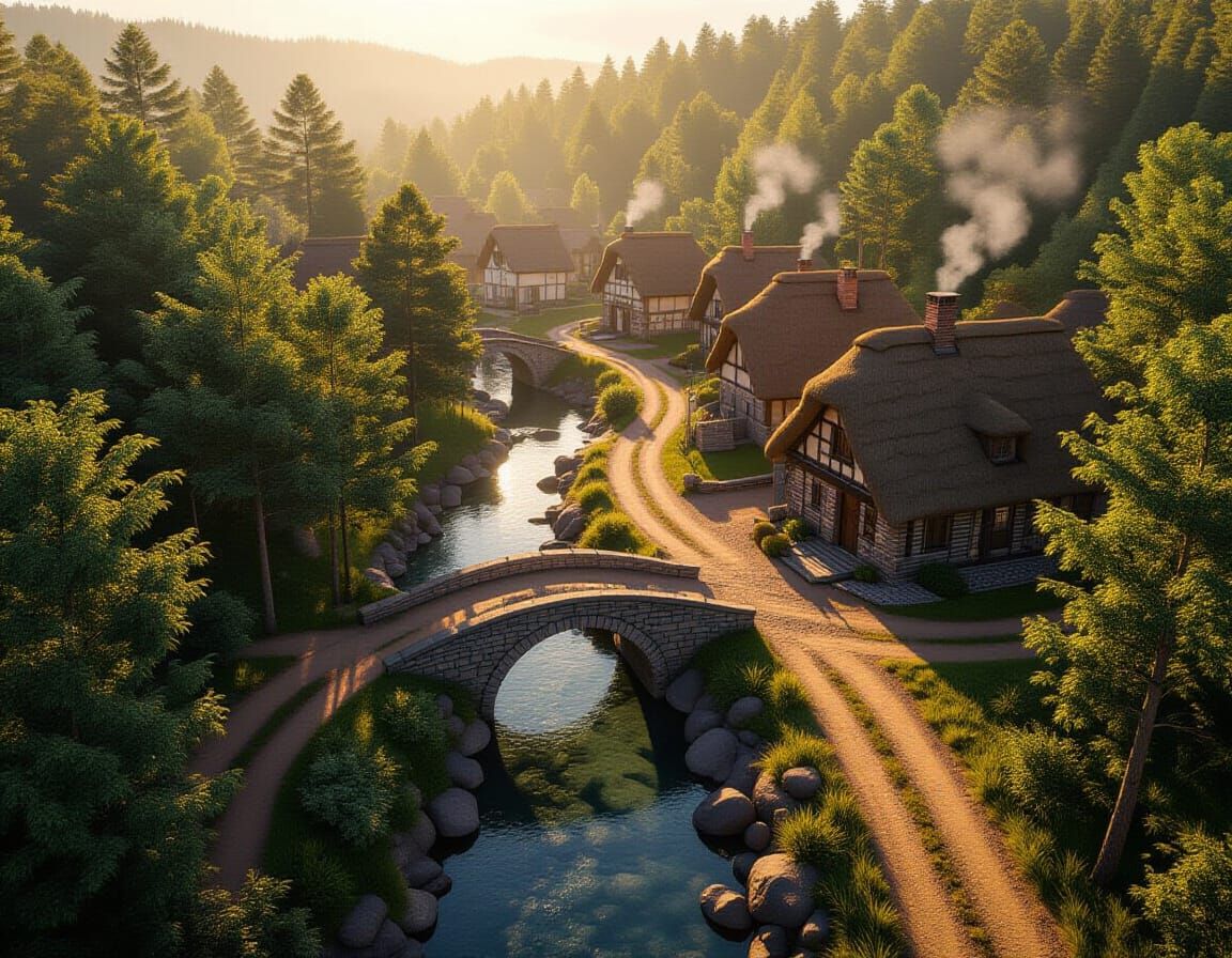 Aerial Village Path Through Forest and River