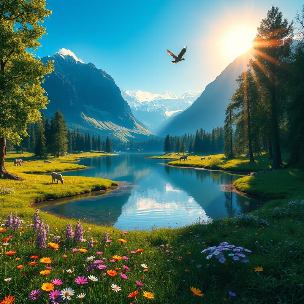 Serene Mountain Lake Reflection at Sunset, Detailed Matte Pa...