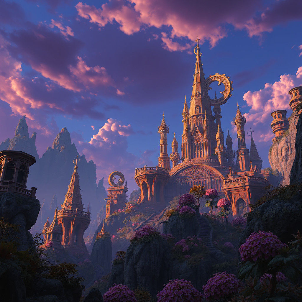 Dreamlike Landscape with Swirling Architecture