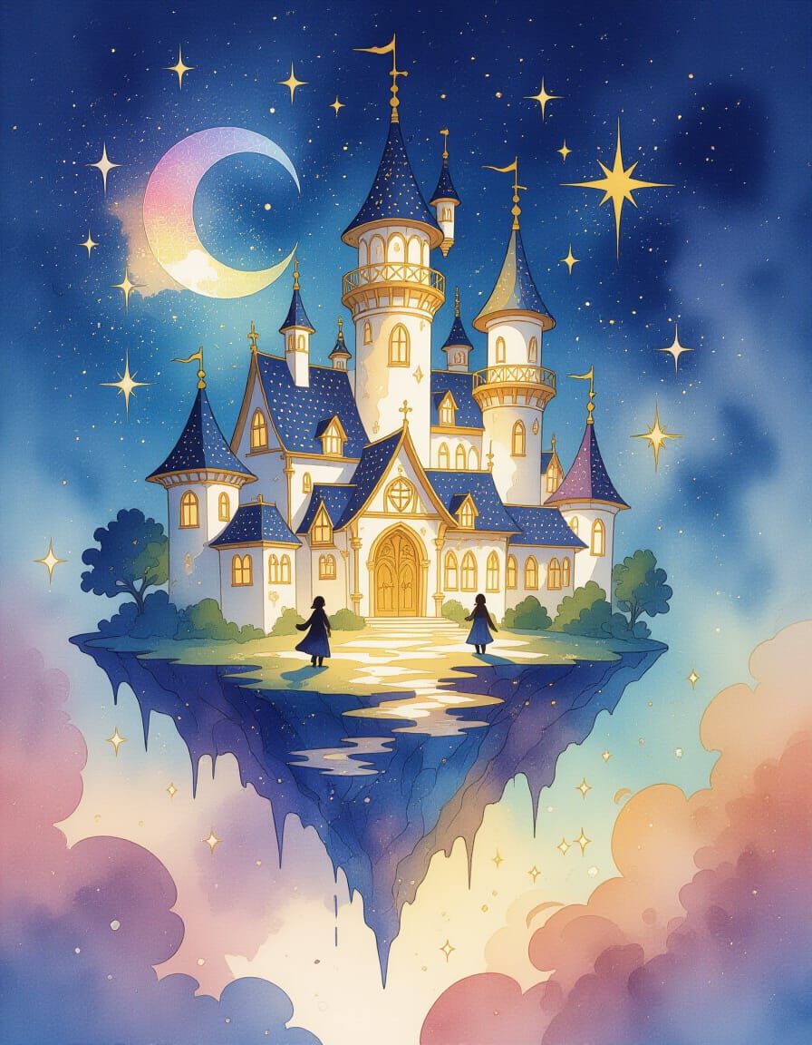 Whimsical Floating Sorcerer School in Cosmic Watercolor Styl...