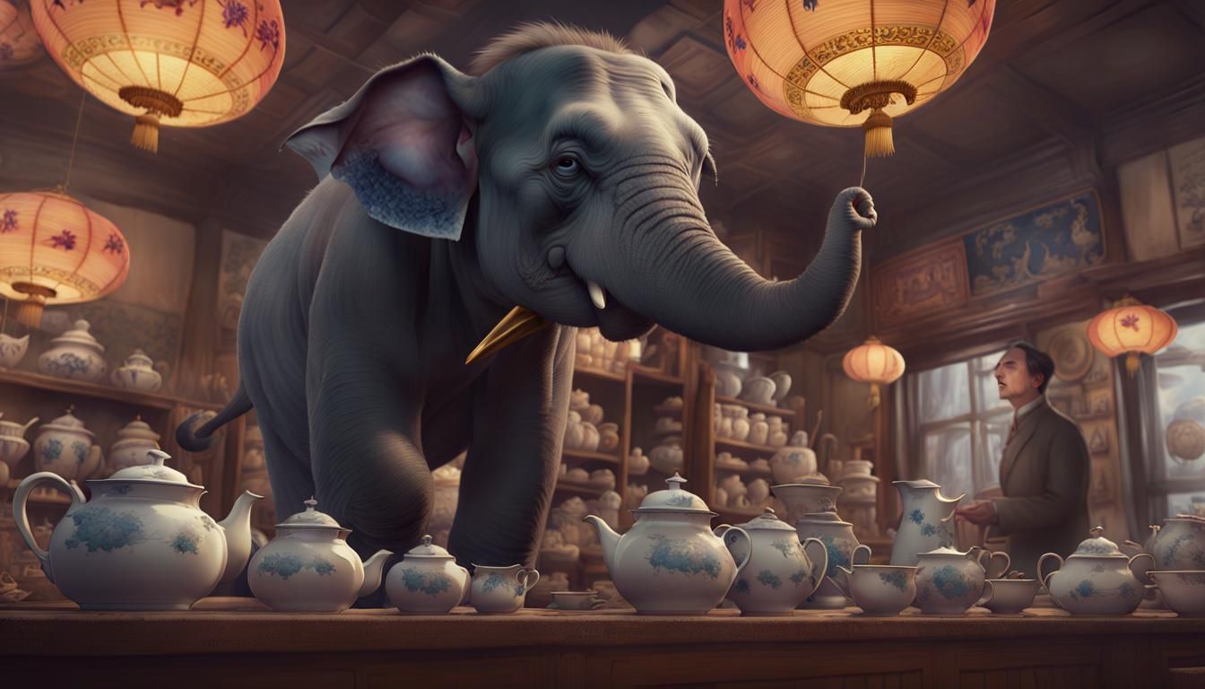 Elephant in a Porcelain Shop with a danger of knocking things over, horrified proprietor