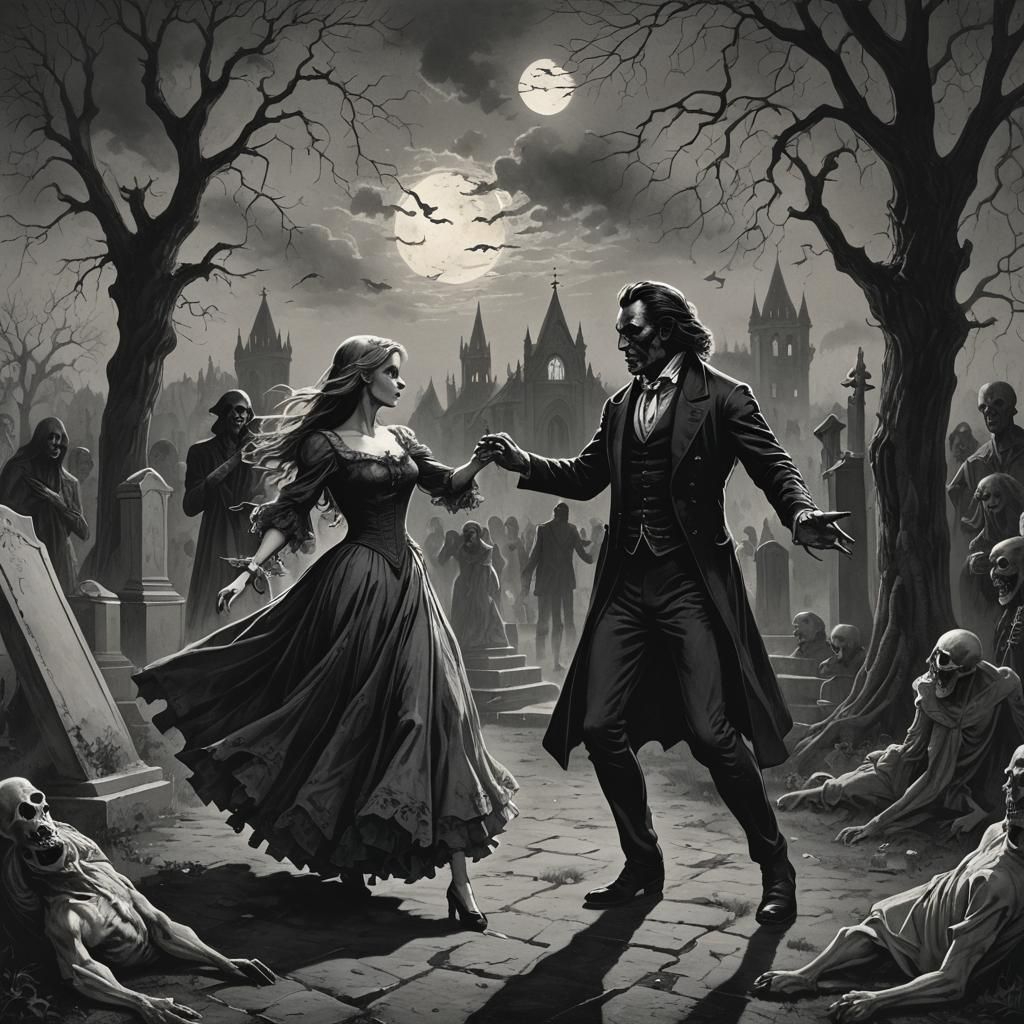Vampire and Werewolf Graveyard Dance in Doré Style