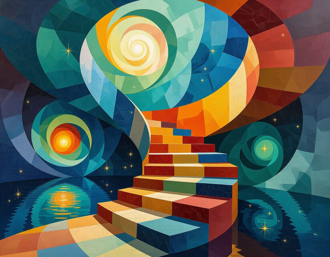 Surreal Impasto Oil Painting of Twisting Stairs to Infinity
