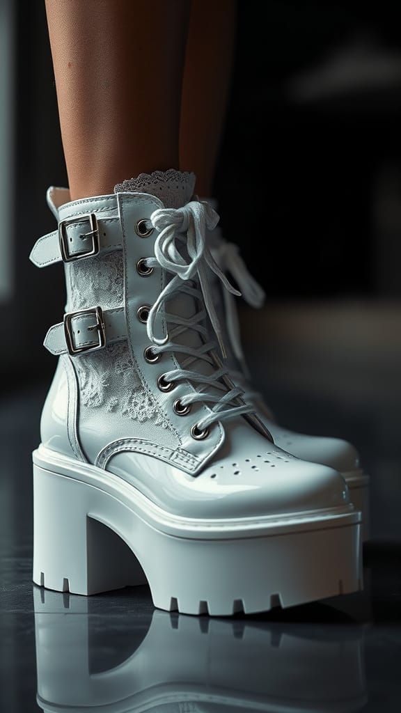 Sleek Futuristic White Platform Boots in Hyperrealistic Deta...