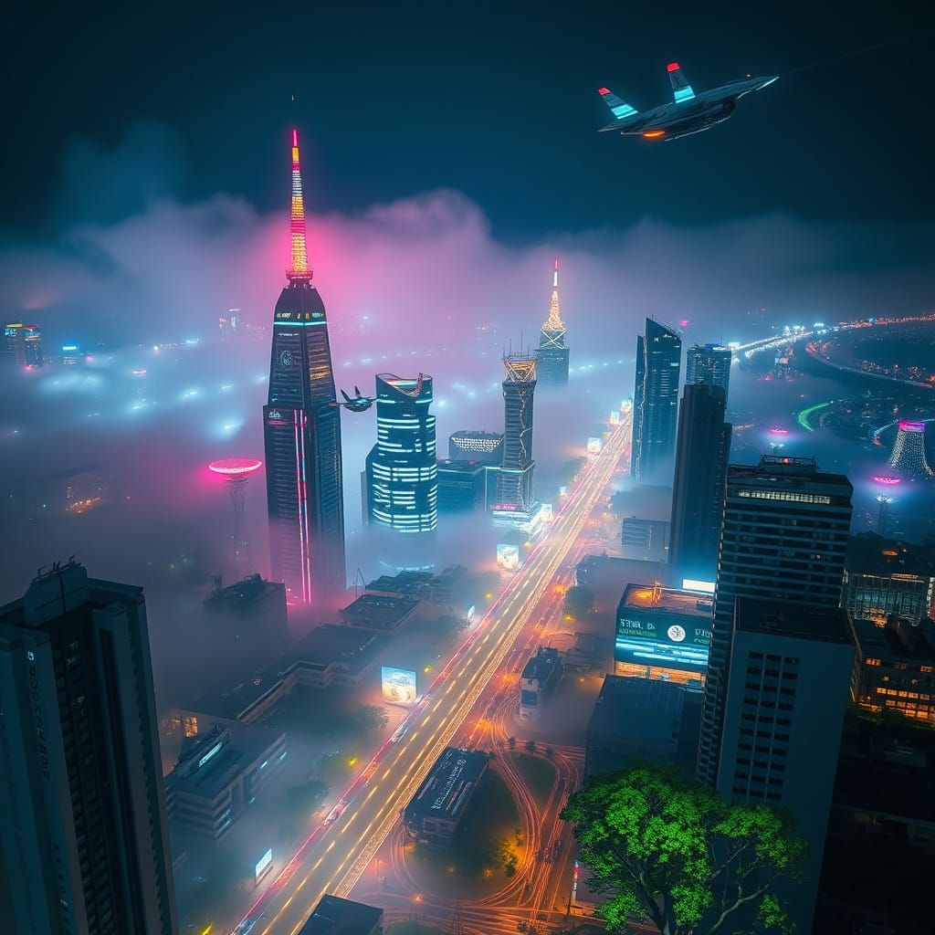 Futuristic Tel Aviv at Night: Aerial Neon Cityscape