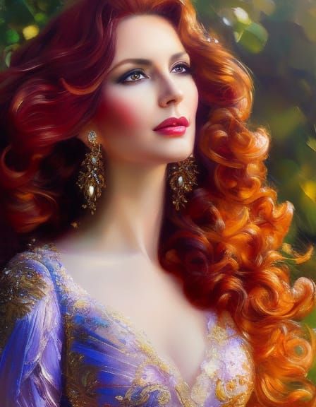 Portrait of head and shoulders, close up of redheaded woman with long flowing curly hair, Inessa Garmash, Michael Garmas...