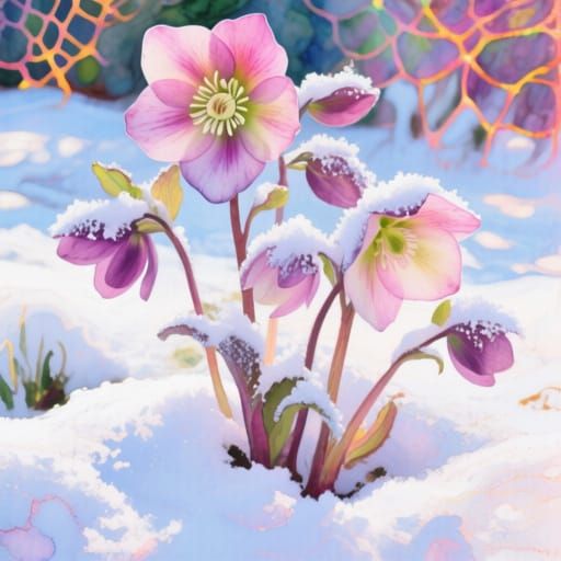 Ethereal Hellebores with Snow in Impressionist Style