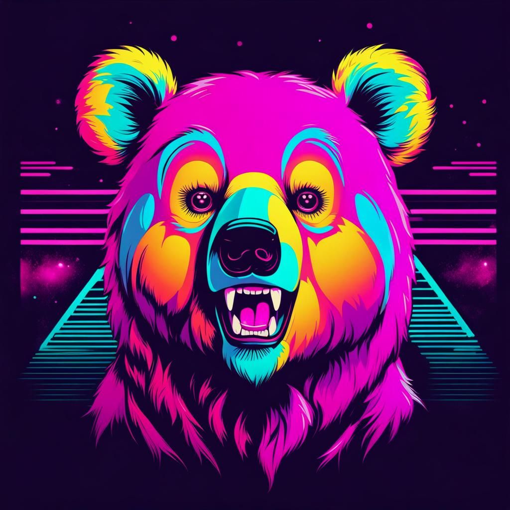 Scary Cute Bear in Synthwave Neon Style