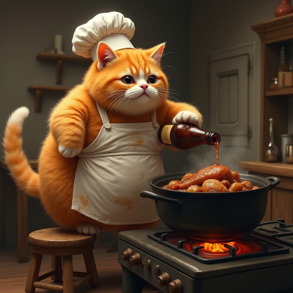 Ginger Cat Chef Cooks Stew in Warm Kitchen