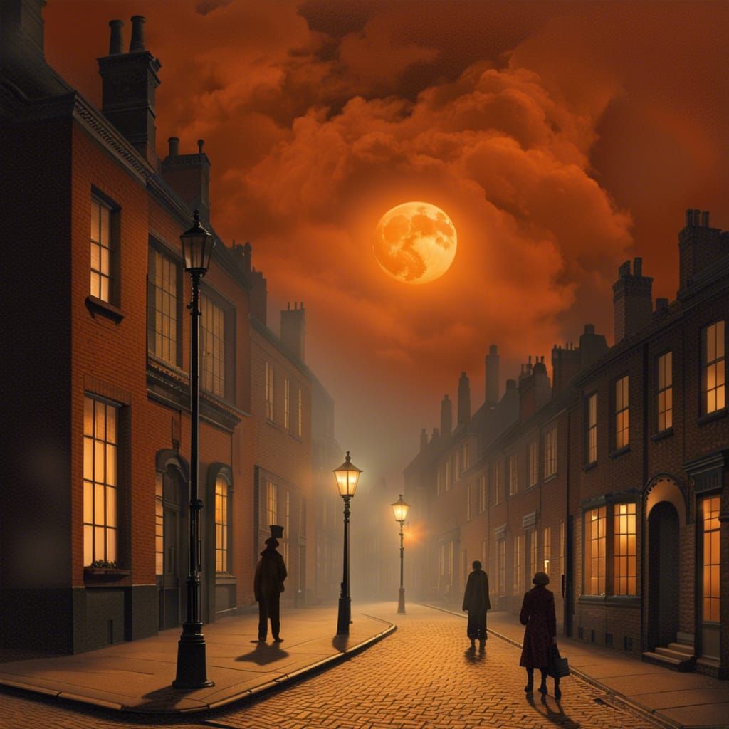 Moody Victorian London Nightscape with Orange Moon