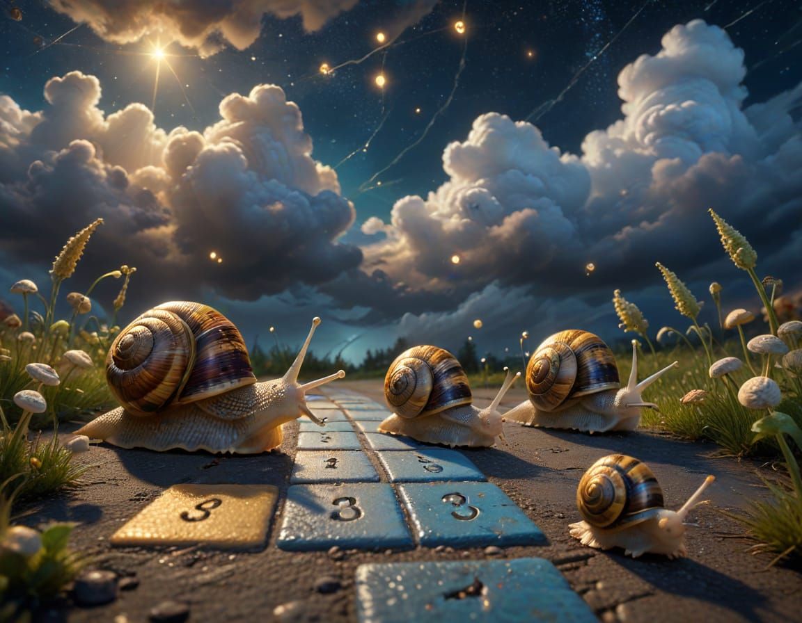 Snails Play Hopscotch in Surreal Oil Painting