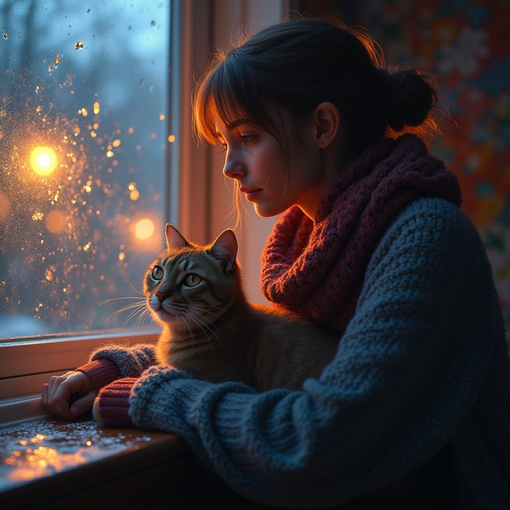 Cozy Moment in a Rainy Day Scene, Hyperrealistic