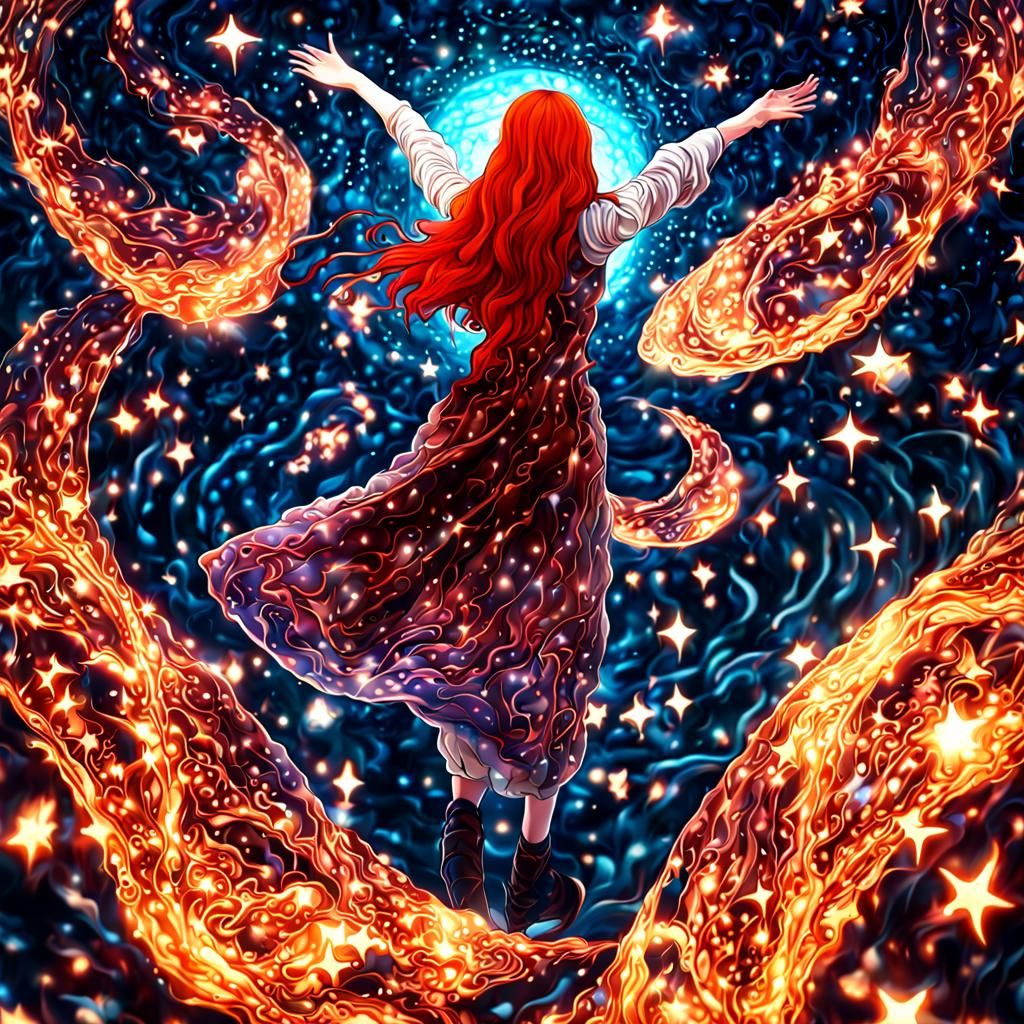 Redhead Wizard in River of Stars, Hyperdetailed Dark Fantasy