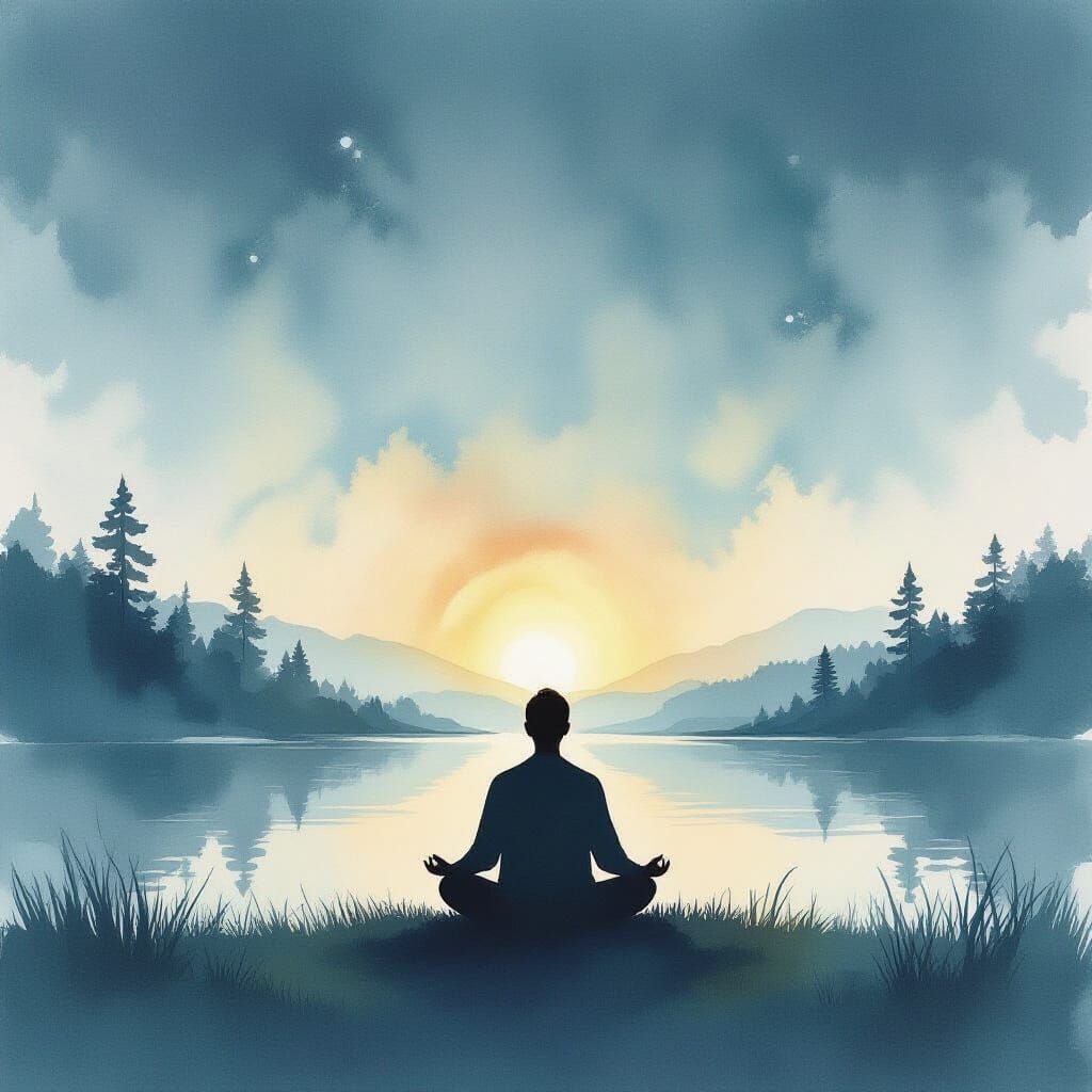 Meditating Figure in Watercolor Landscape