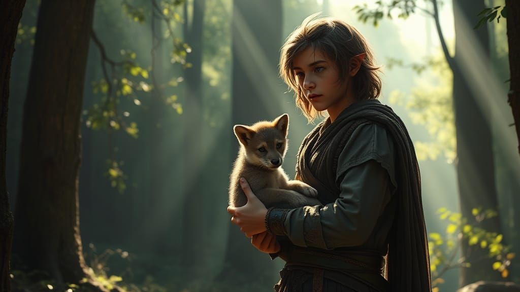 Elf and Human Boy with Wolf Cub in Forest