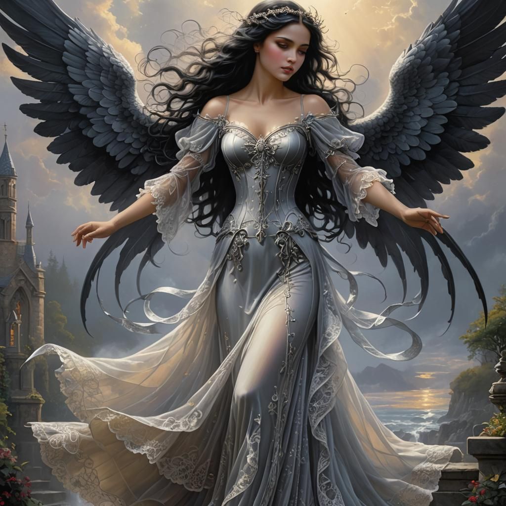 Gothic Angel with Silver Wings in Ethereal Mist