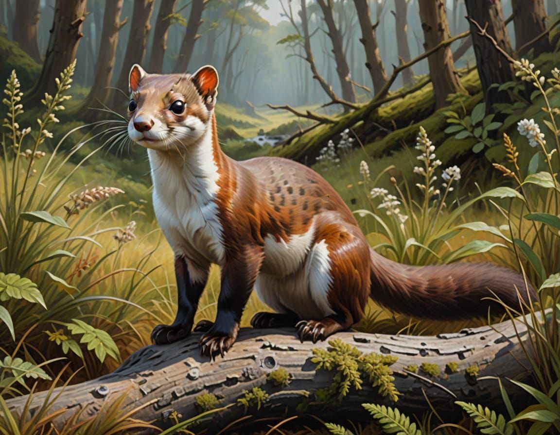 Stoat Portrait in Heathland Oil Painting