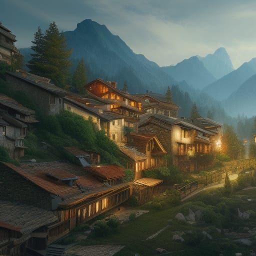 Pyrenees Mountain Town: Detailed Fantasy Concept Art