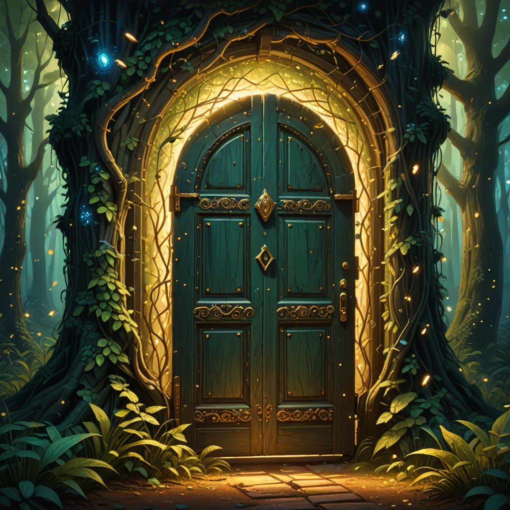 Ornate Door in Forest: Surreal Digital Painting
