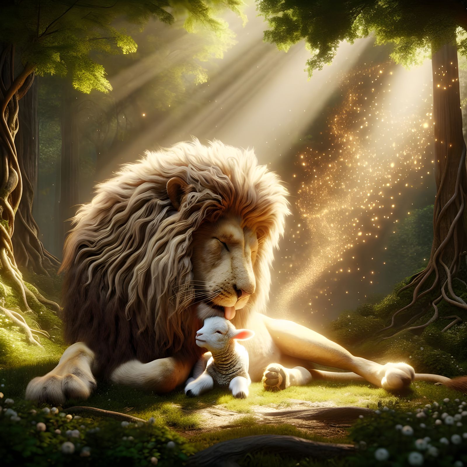 Lion and Lamb in Forest with Fairy Dust