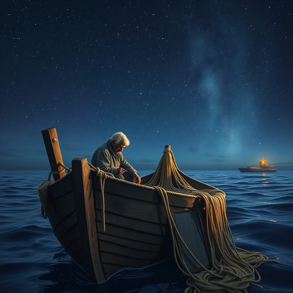 Fisherman Mending Nets Under Starry Sky