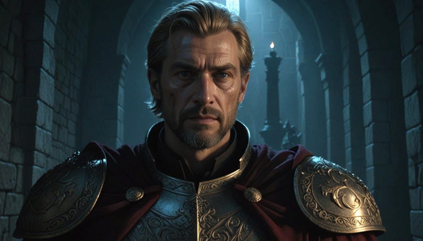 Medieval King Illuminates Castle Hallway with Torchlight