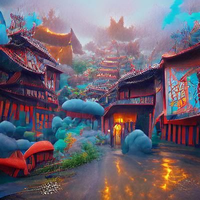 Misty Chinese Village Street in Anime Art Style