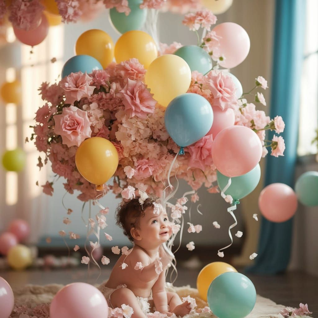 Baby's Joyful Moment Among Balloons and Flowers
