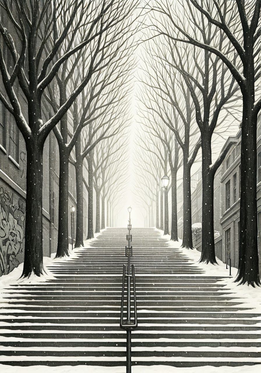 Stunning Monochromatic Winter Scene in Graphite Illustration