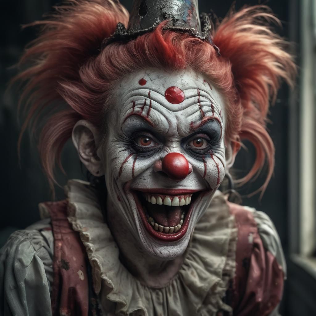 Hyperrealistic Zombie Monkey Clown Woman Grinning Maniacally