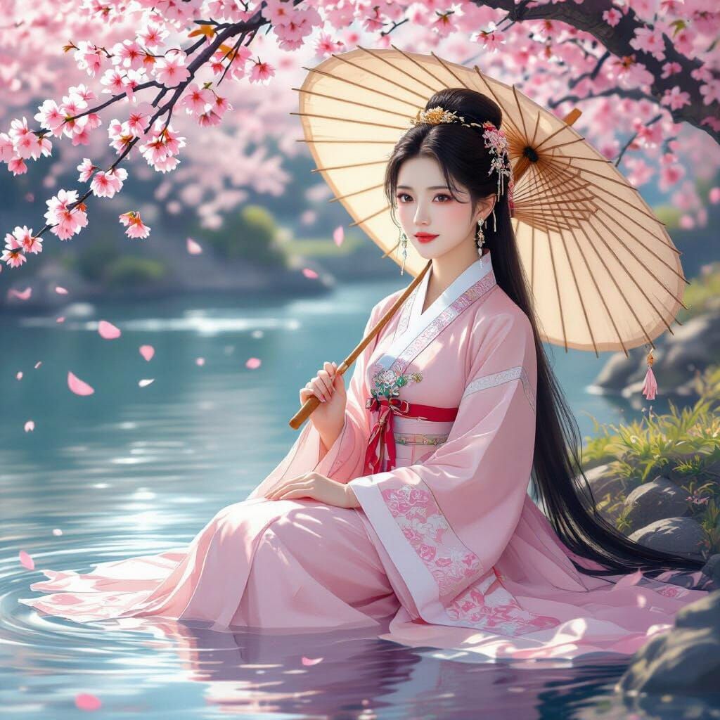 Korean Woman in Hanbok by River with Blossoms
