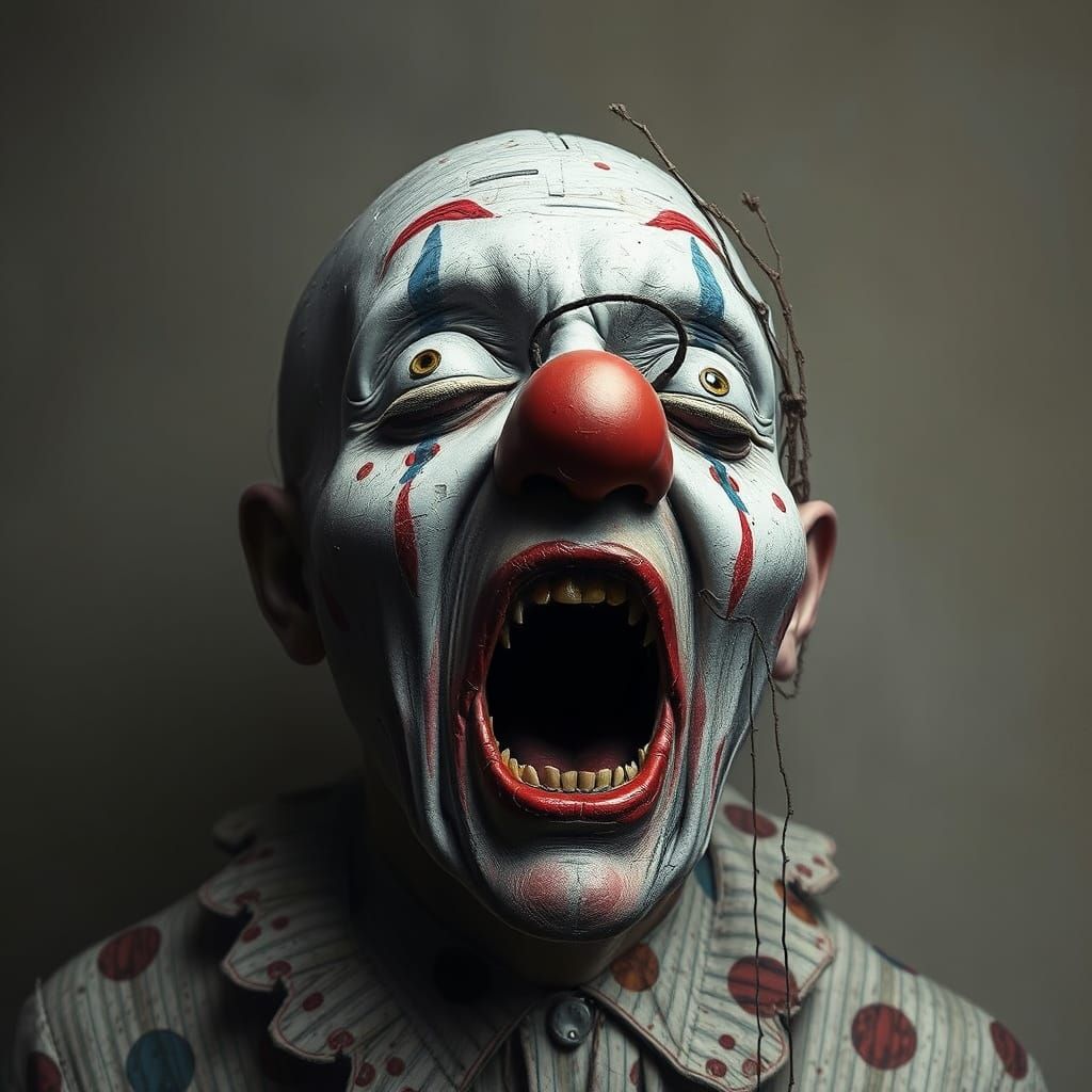 Fragmented Surreal Clown Face in Dystopian Style