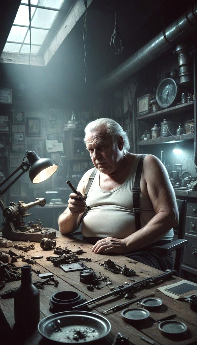 Gritty Portrait of a Forgotten Junk Trader on a Distant Plan...